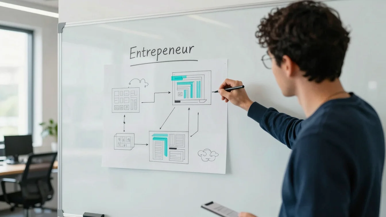Entrepreneur sketching a project plan on a whiteboard in a bright