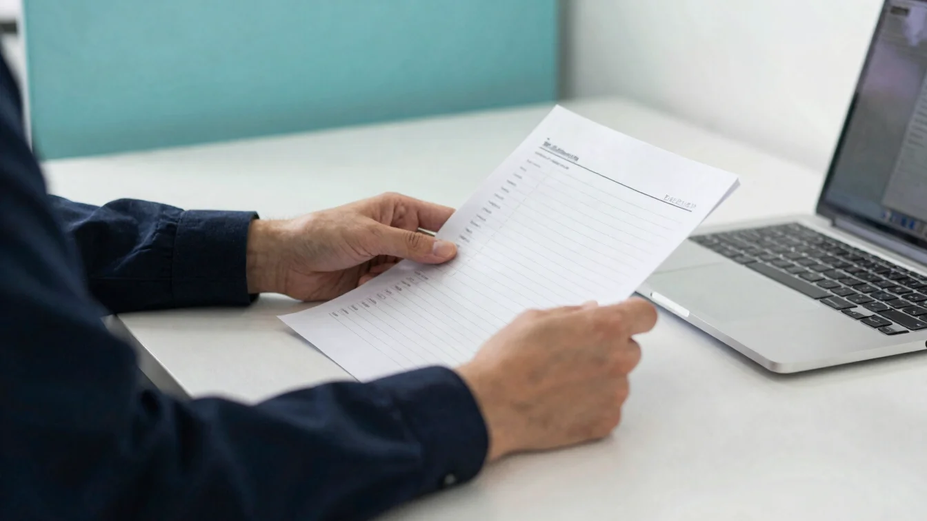 Close detail of hands reviewing a paper ledger beside a laptop on