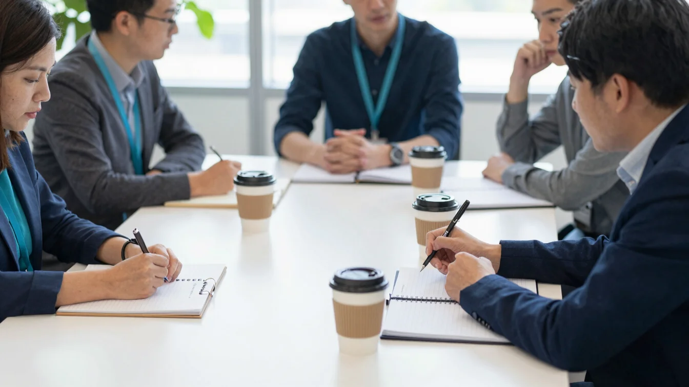 Small team in a casual meeting around a table with notebooks and