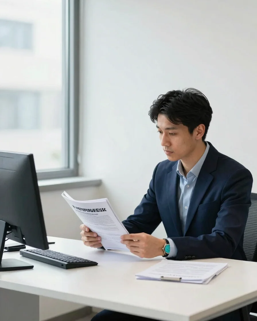 Entrepreneur reading a printed guide at a desk beside a window, s