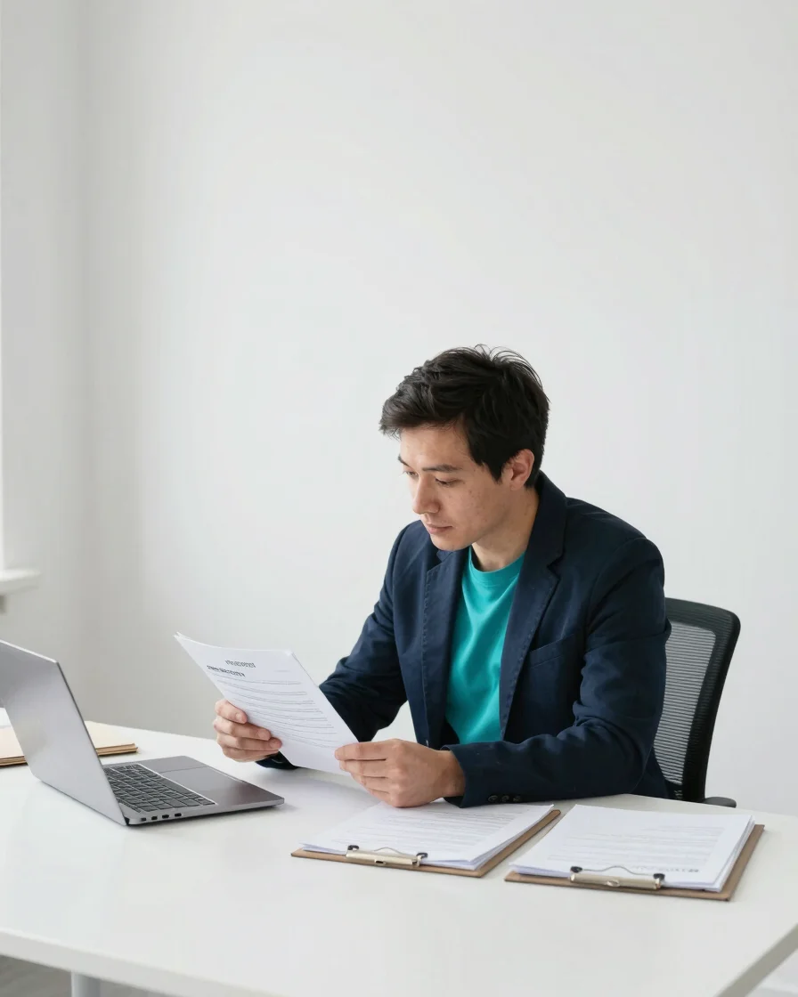 Editorial photograph of a small business owner reviewing a client file at a bright, uncluttered desk in natural daylight