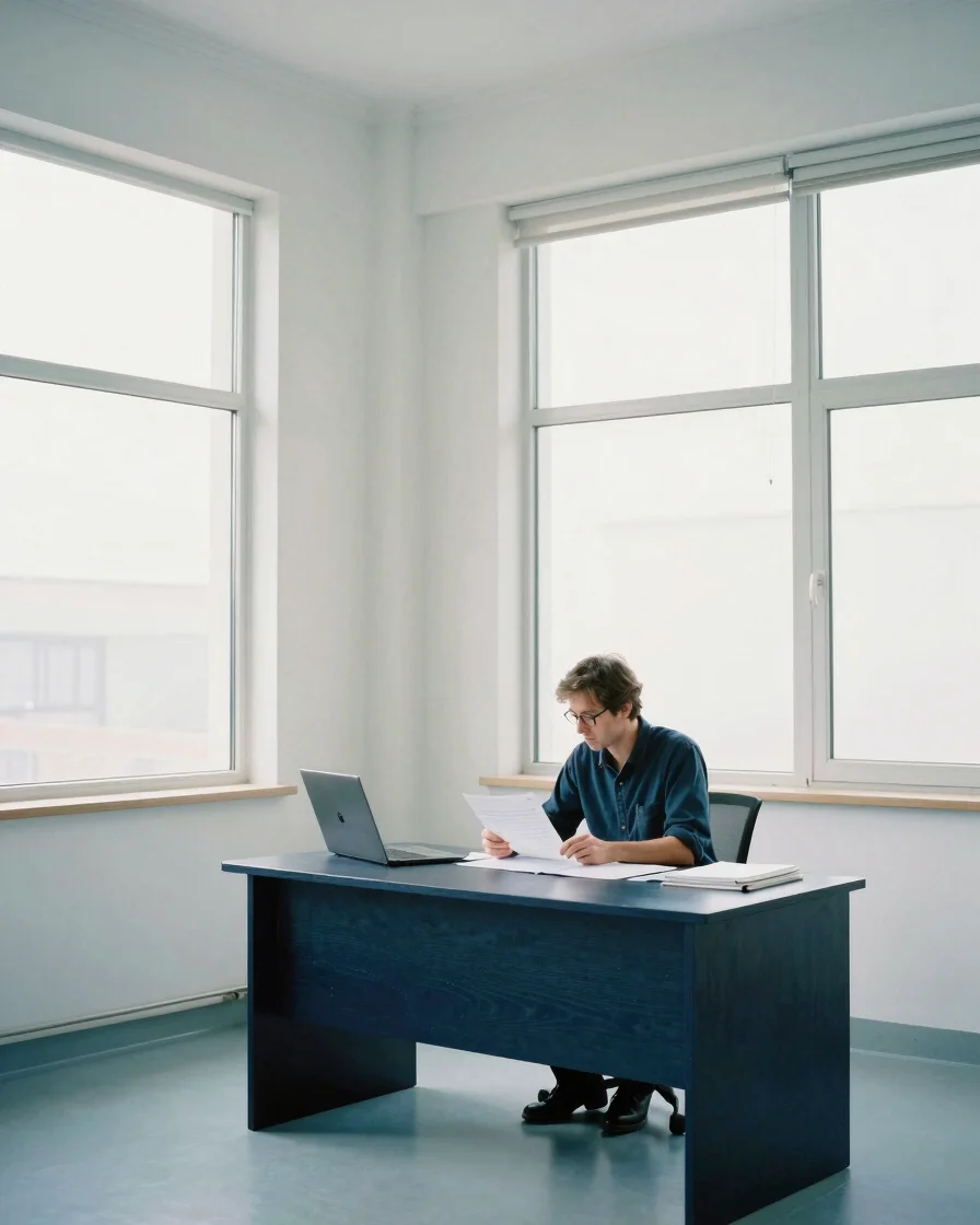 Candid wide shot of a small, bright office with a founder reviewi